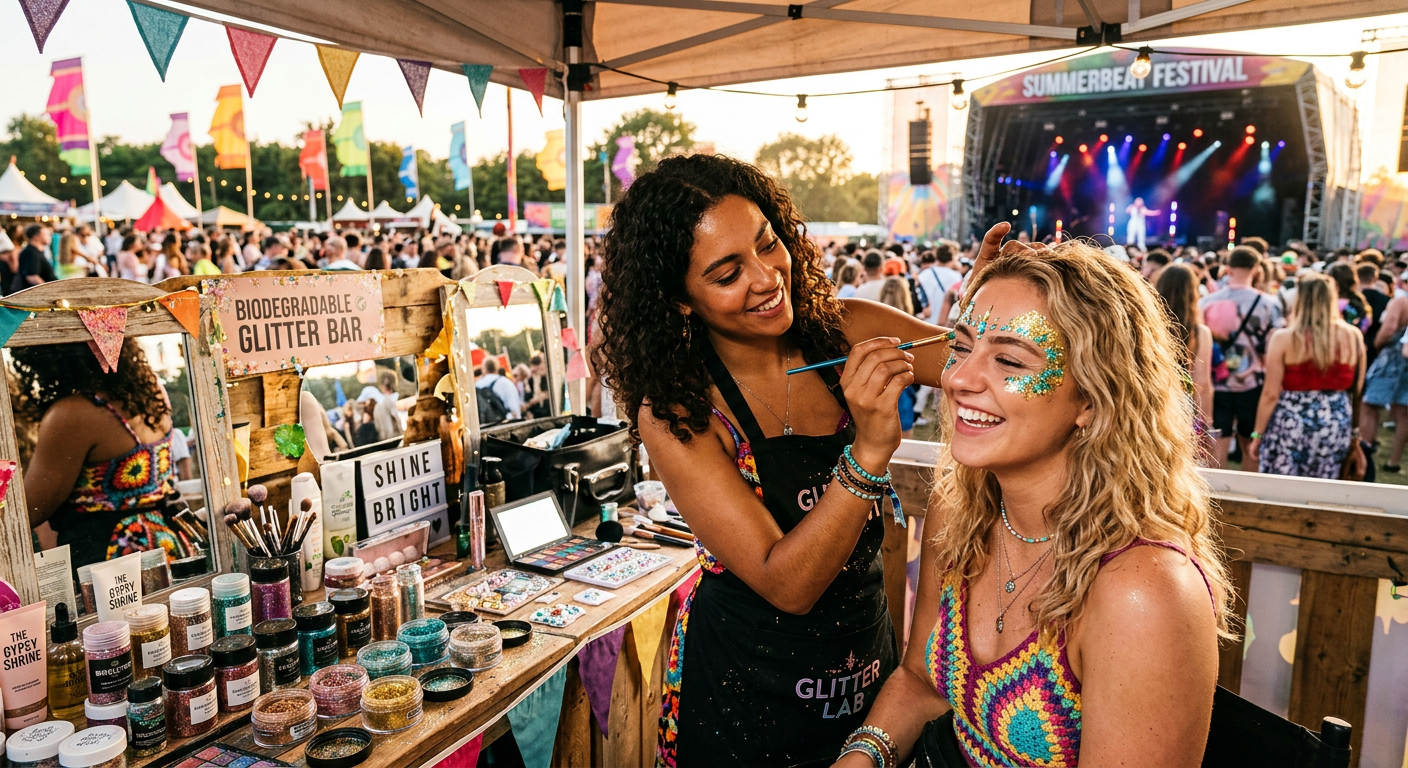 Woman getting face painted at a festival with a glitter bar setup.