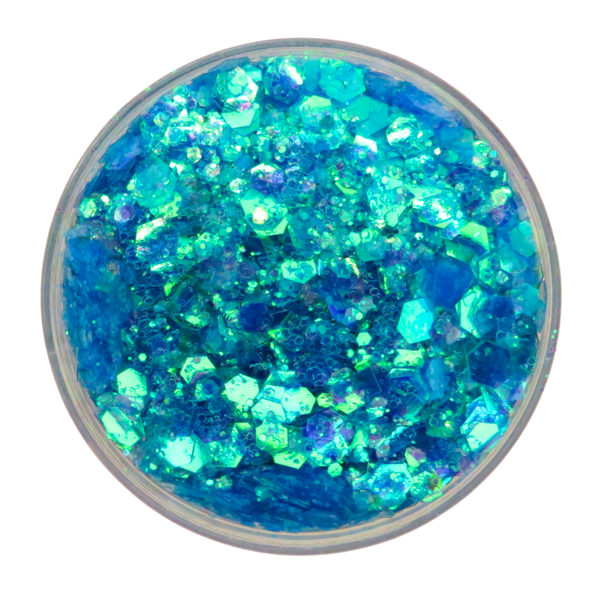 Blue iridescent glitter in a round container on a white background