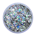 Holographic silver festival glitter in clear cosmetic pot on white background