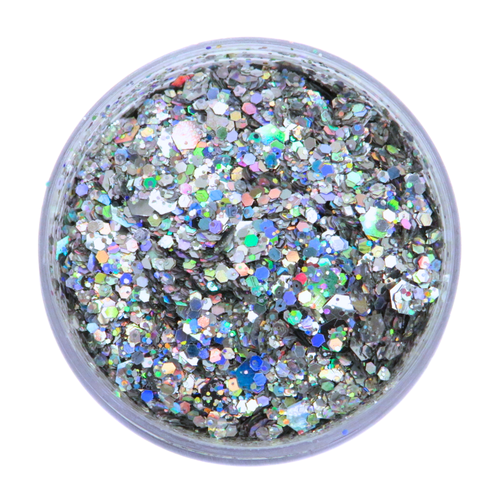 Holographic silver festival glitter in clear cosmetic pot on white background
