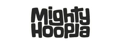 Black 'Mighty Hoopla' logo on a white background