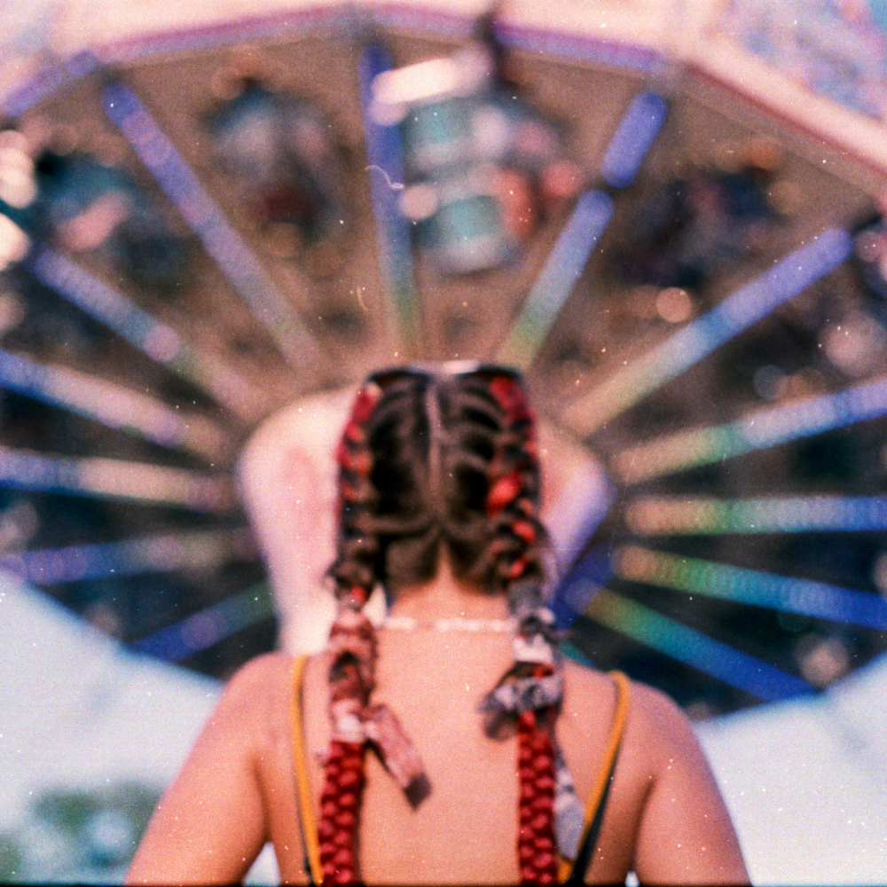 Person with braided hair looking at a Ferris wheel at an amusement park