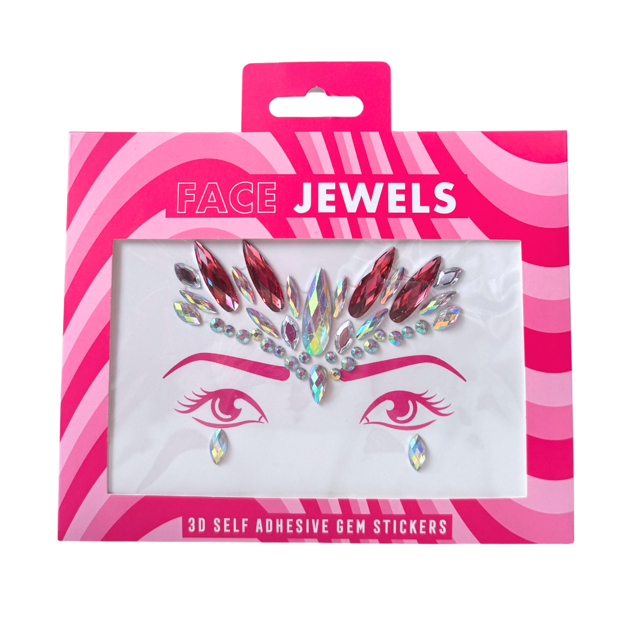 Packaging of face jewels with pink and white striped design