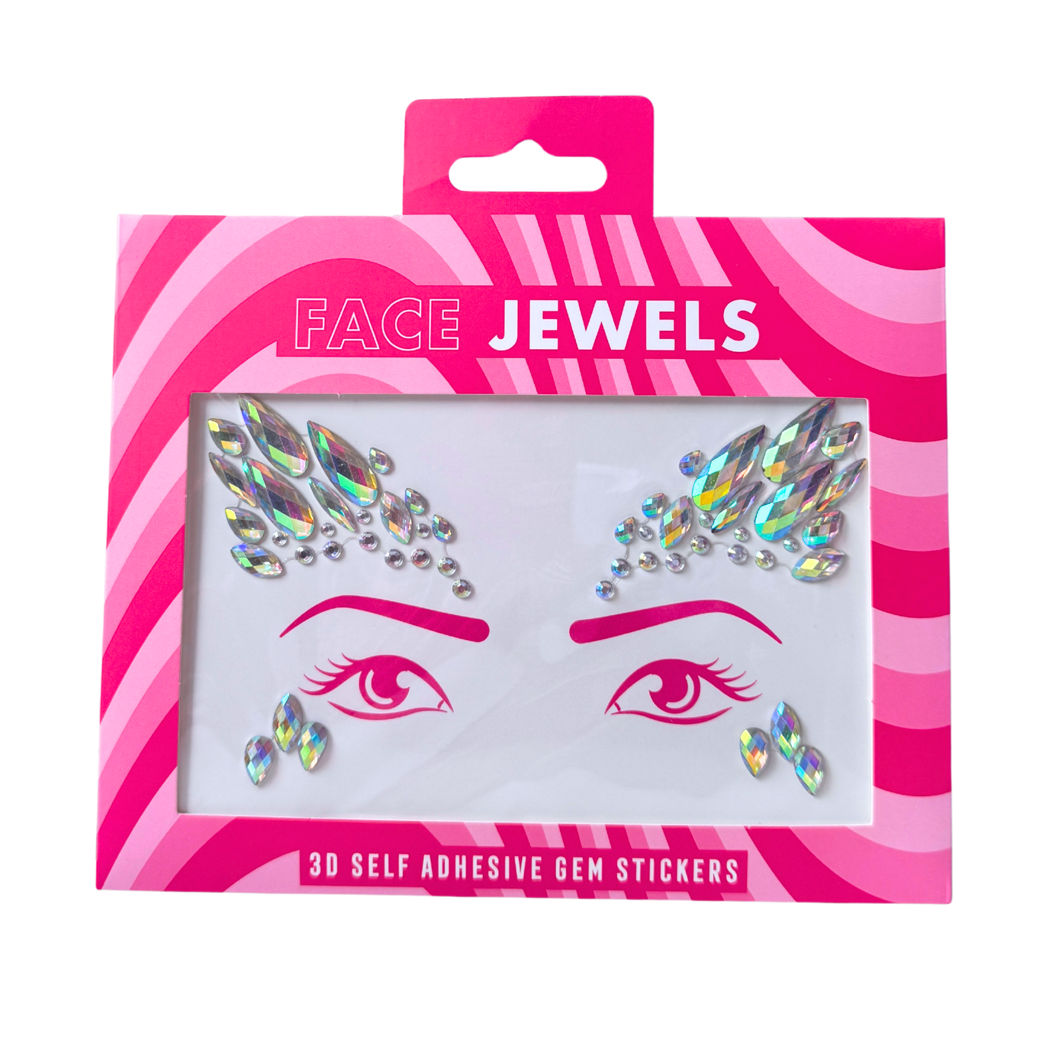 Packaging of face jewels with pink and white design