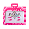 Packaged face jewels with a pink and white striped design on a white background