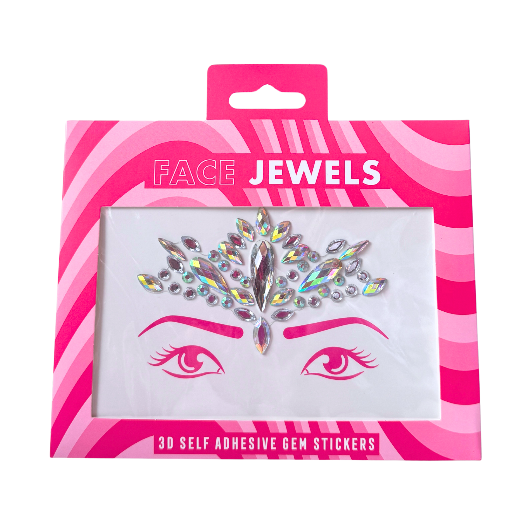 Packaged face jewels with a pink and white striped design on a white background