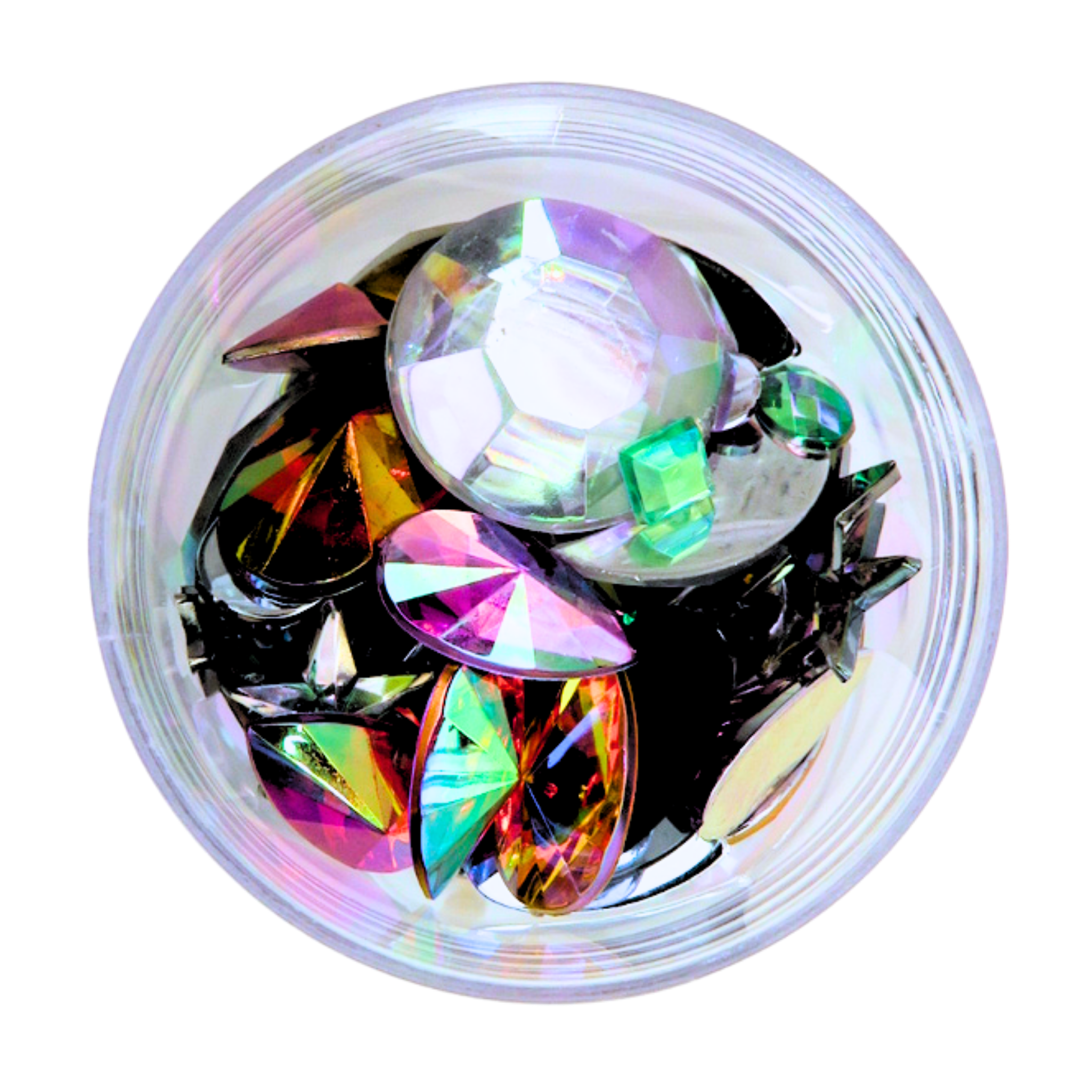 Colourful crystal rhinestones in clear container on white background