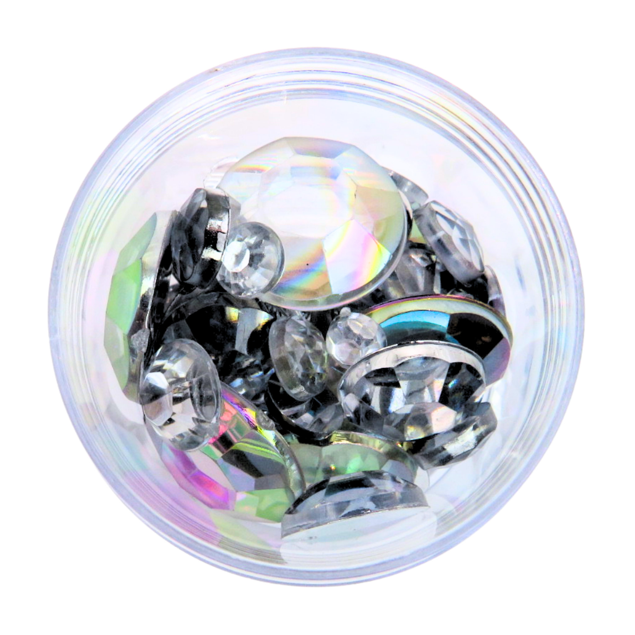Clear container filled with multicoloured face and body gems on white background