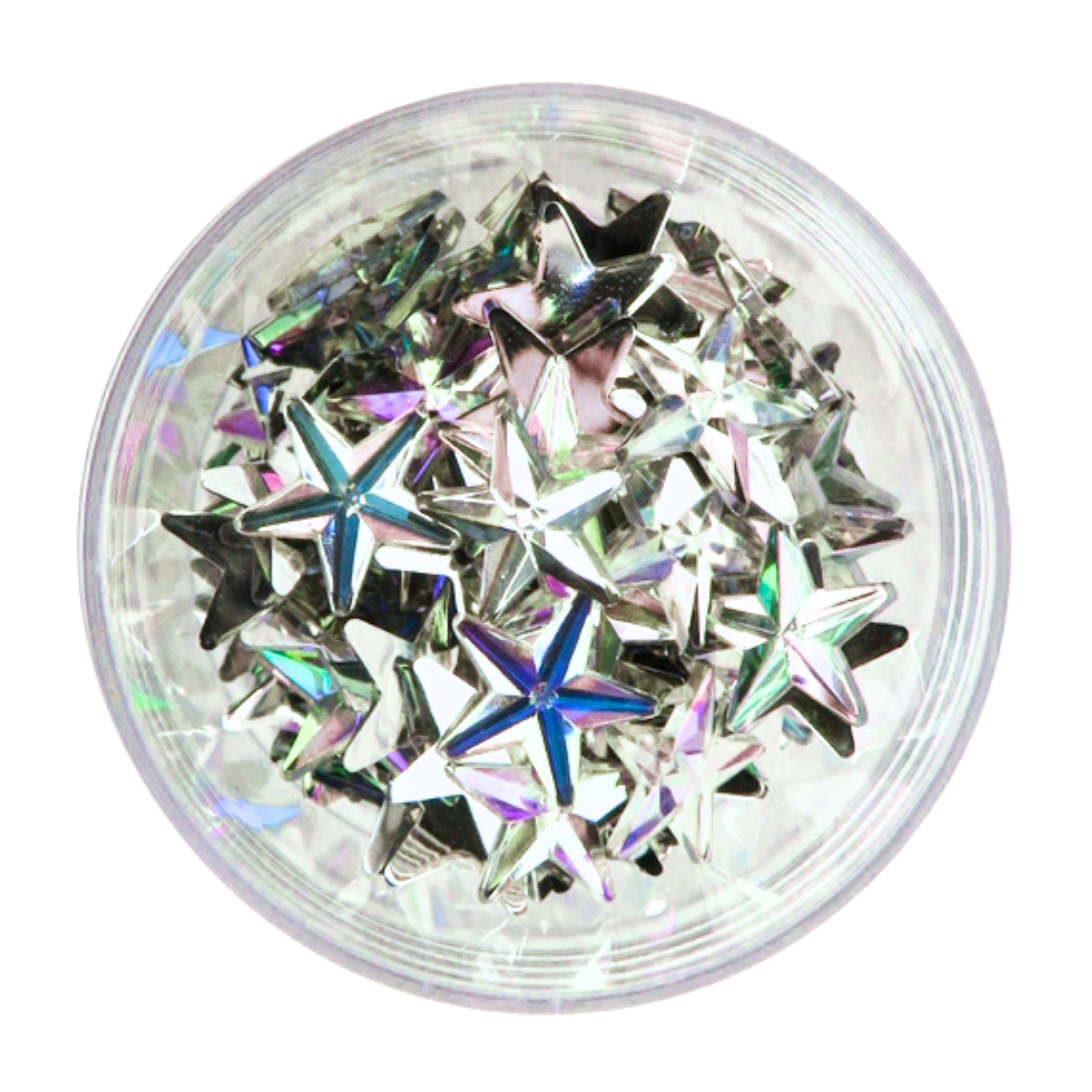 Clear container filled with star-shaped iridescent face gems on white background