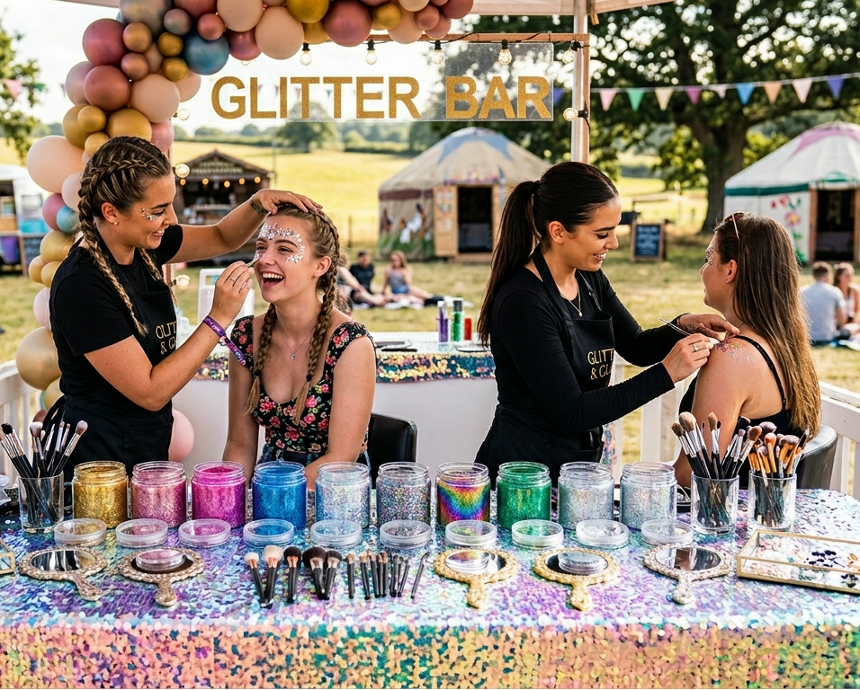 Glitter bar setup with people getting glitter applied outdoors