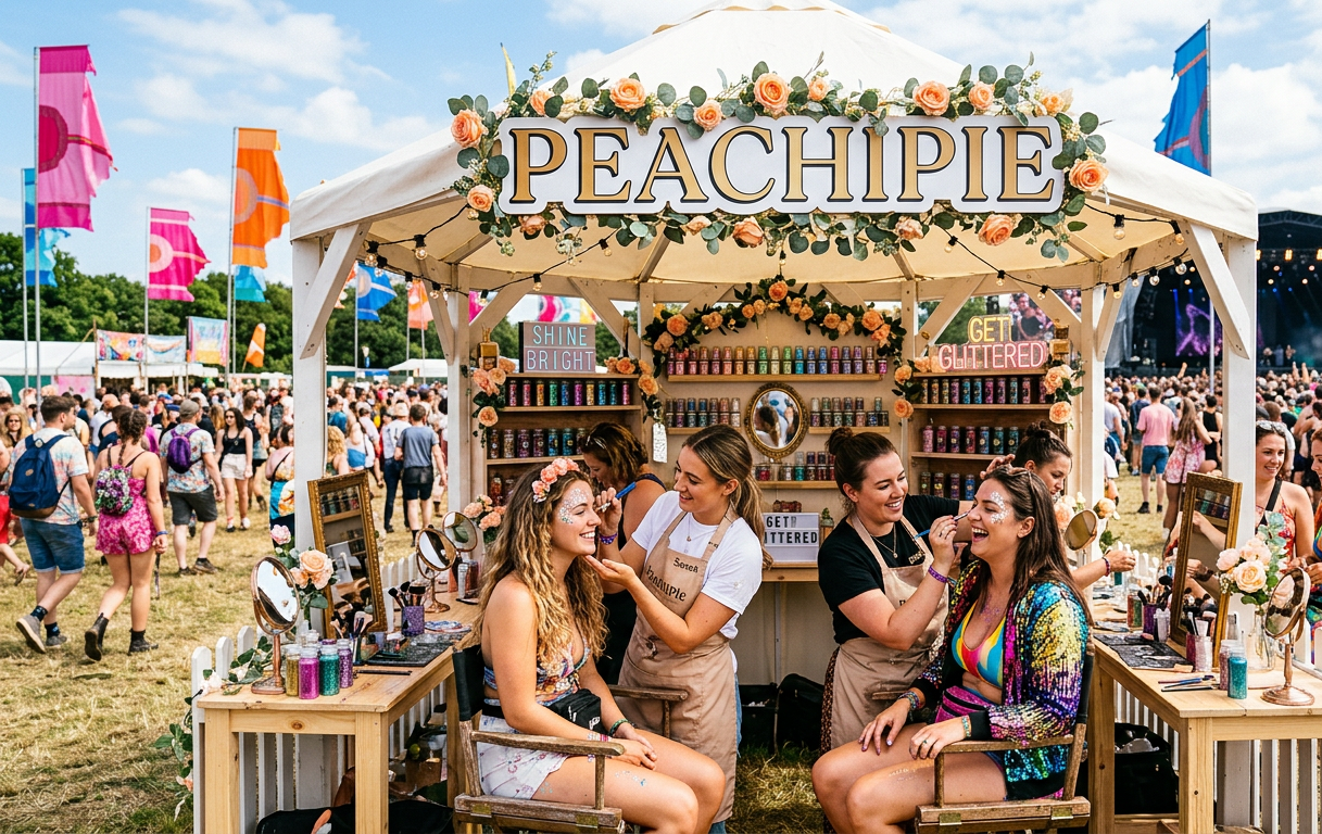 Peachipie stall at a music festival with people around