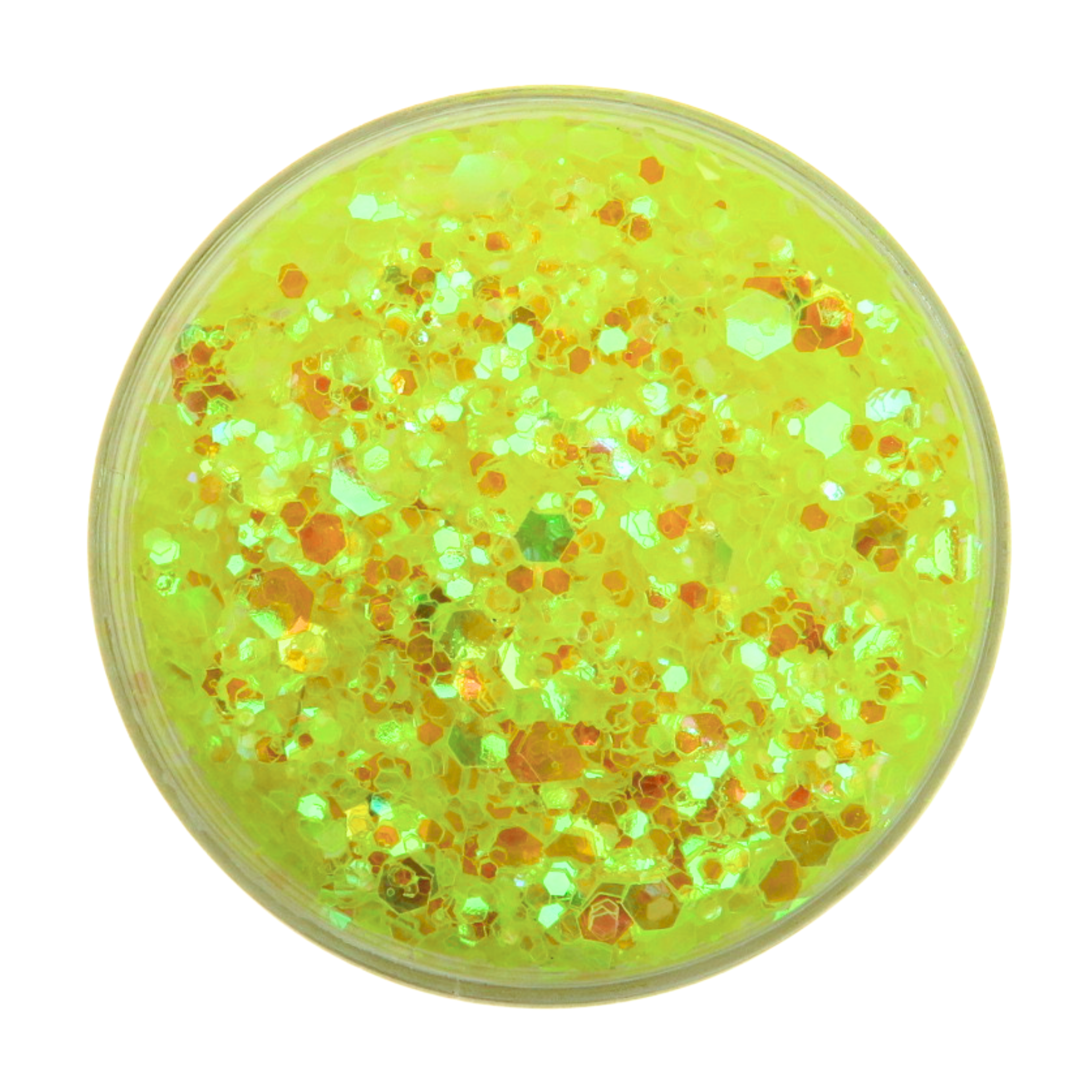 Peachipie Beauty yellow iridescent festival glitter in clear cosmetic pot on white background