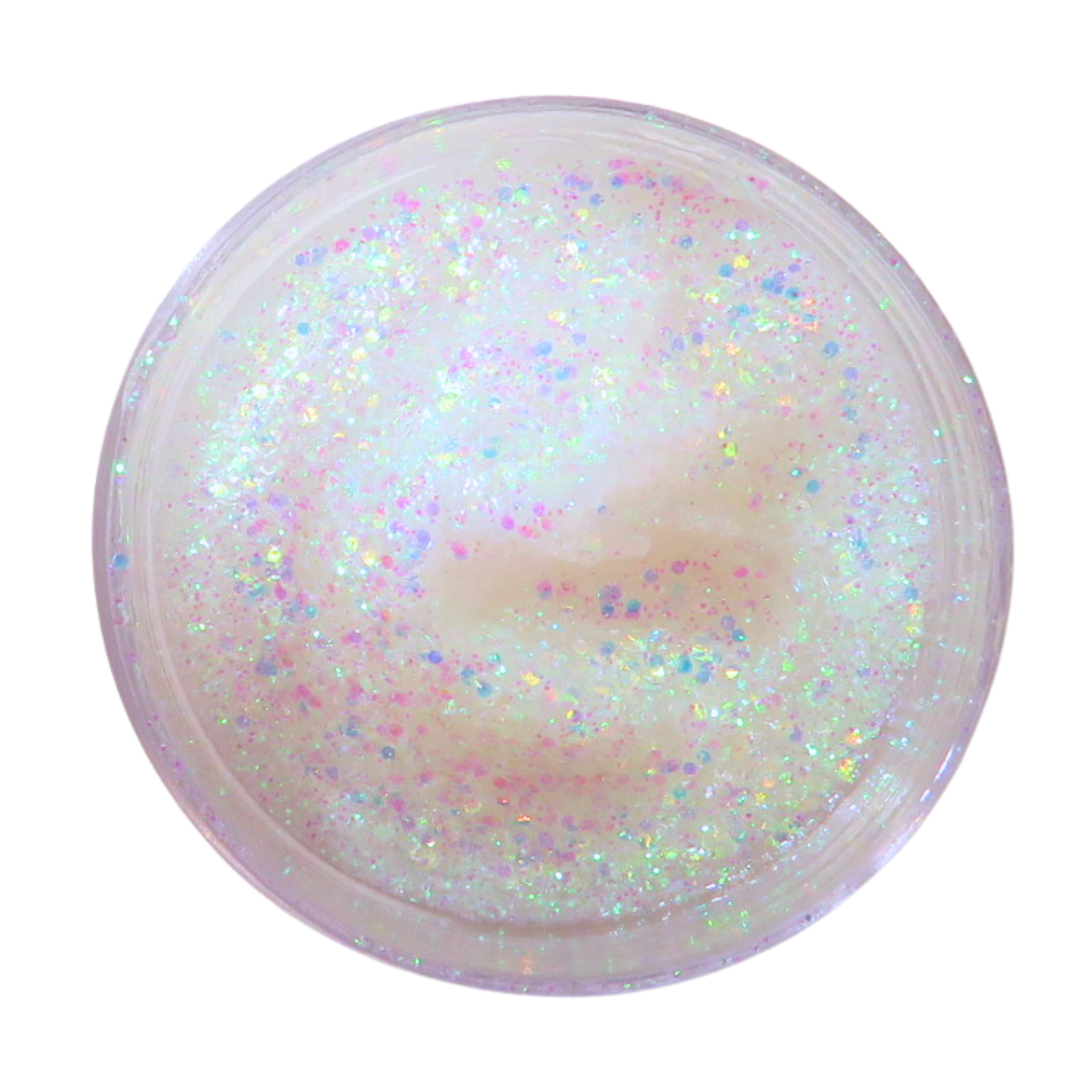 Round container of glittery gel with a white background