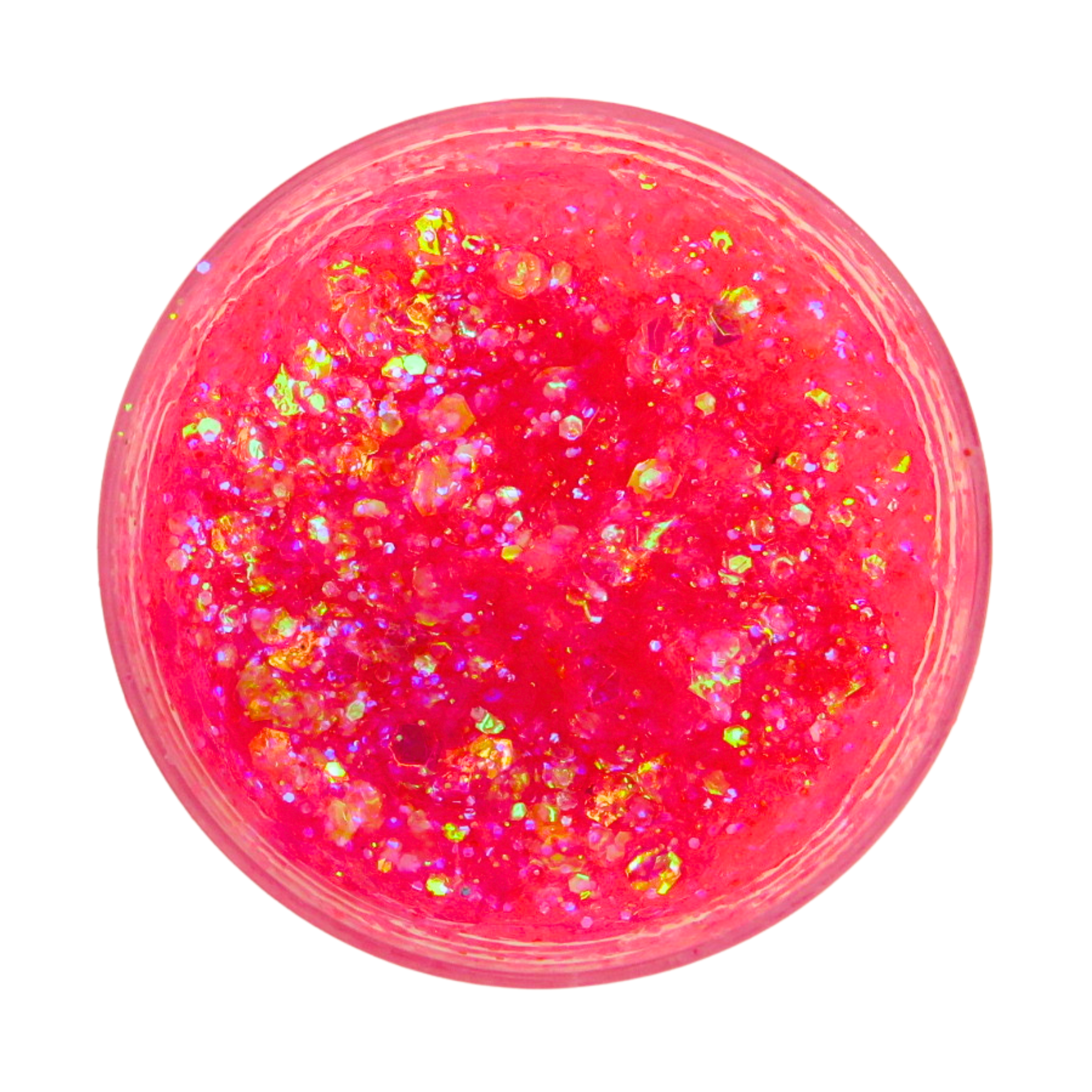 pink iridescent glitter gel in a pot on a white background.
