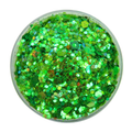 Green holographic festival glitter in clear cosmetic pot on white background