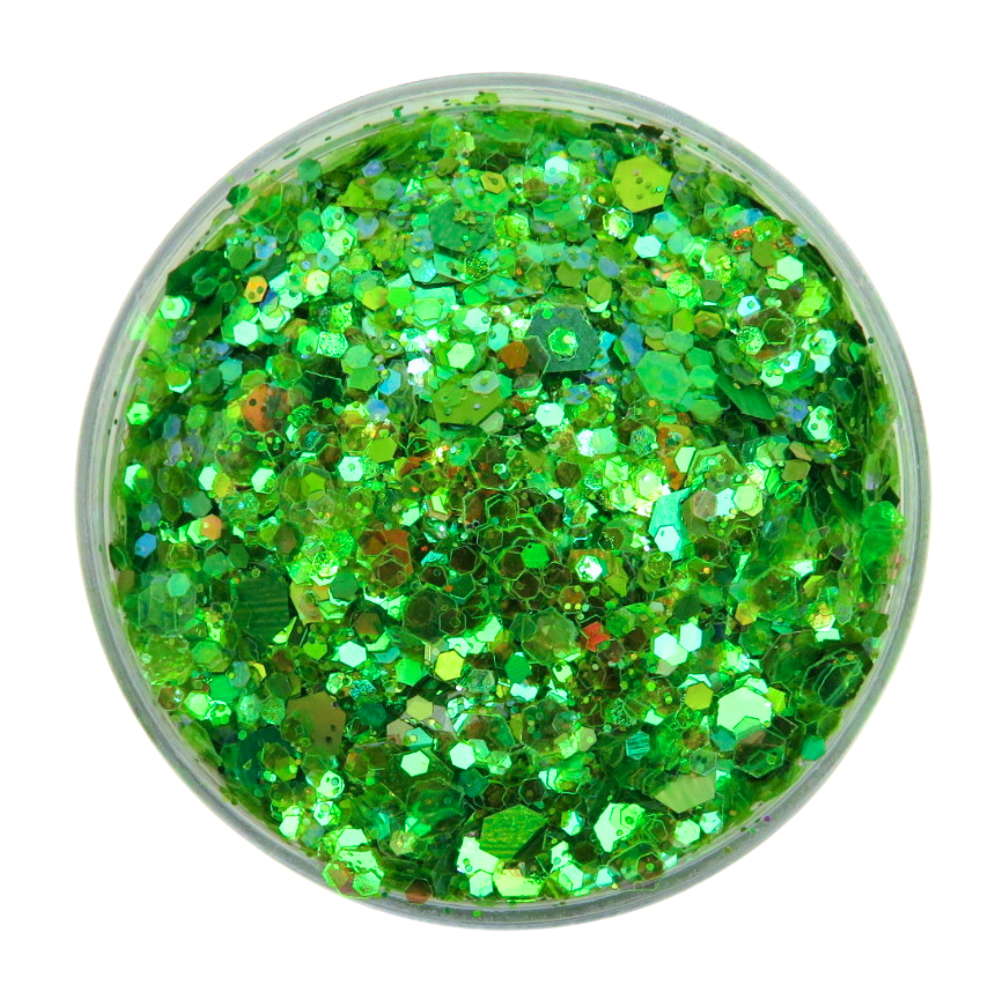 Green holographic festival glitter in clear cosmetic pot on white background