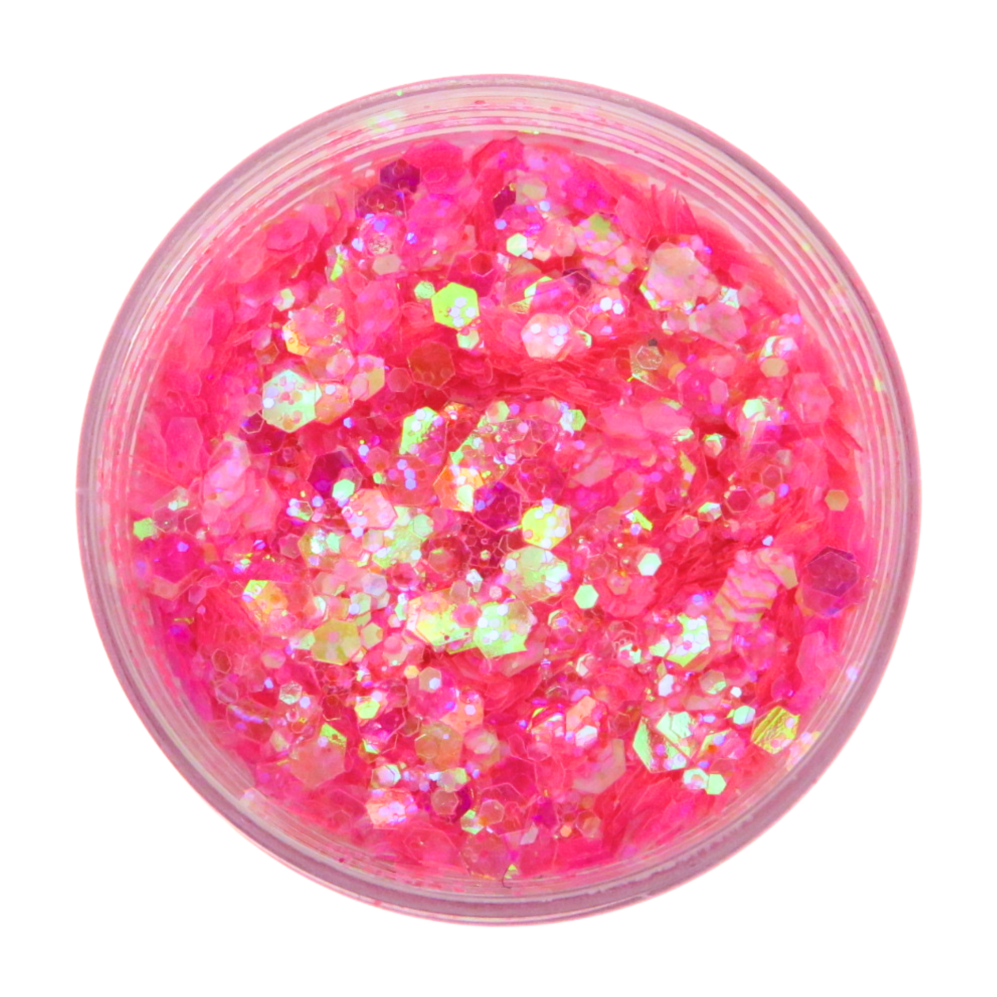 Peachipie Beauty pink festival glitter in clear cosmetic pot on white background