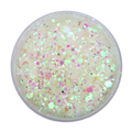 Clear iridescent glitter in a clear container on a white background