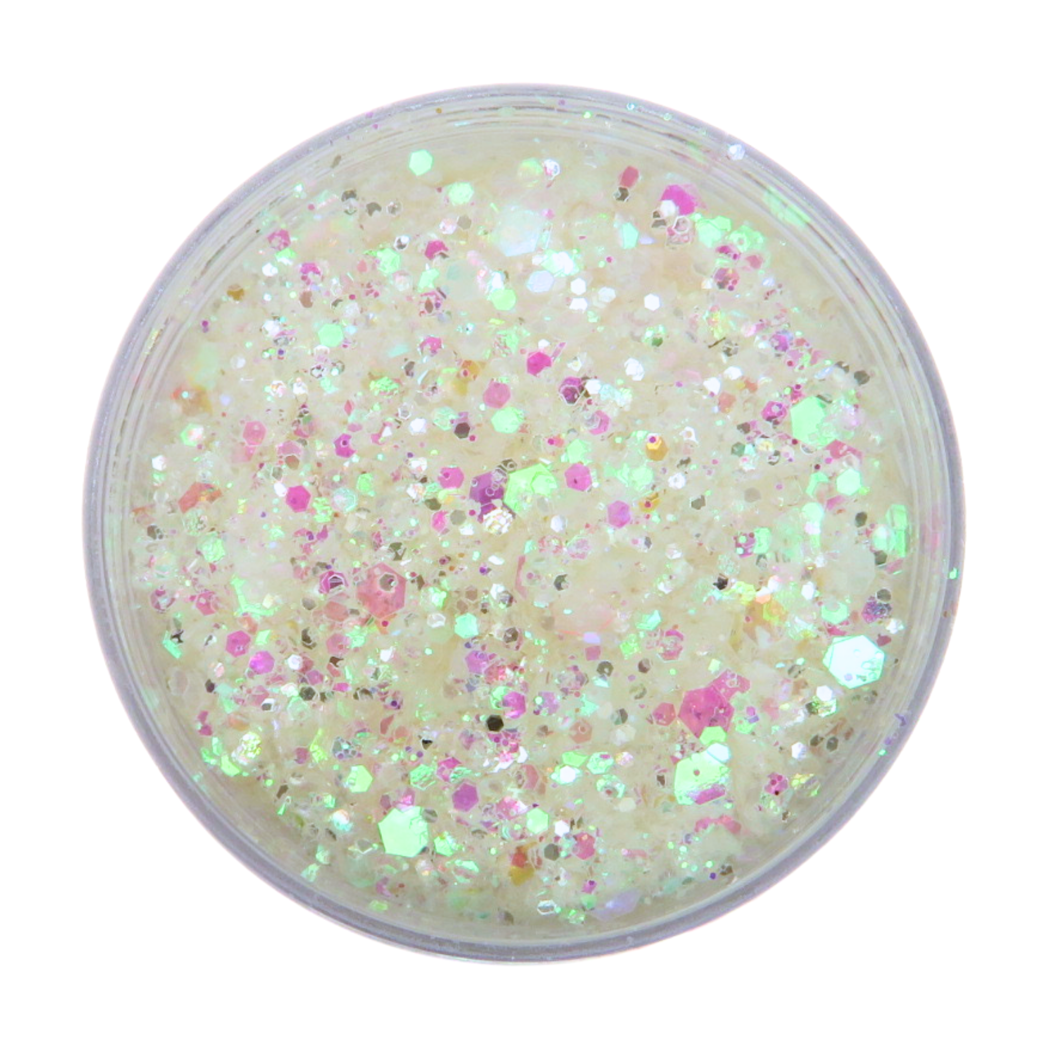 Clear iridescent glitter in a clear container on a white background