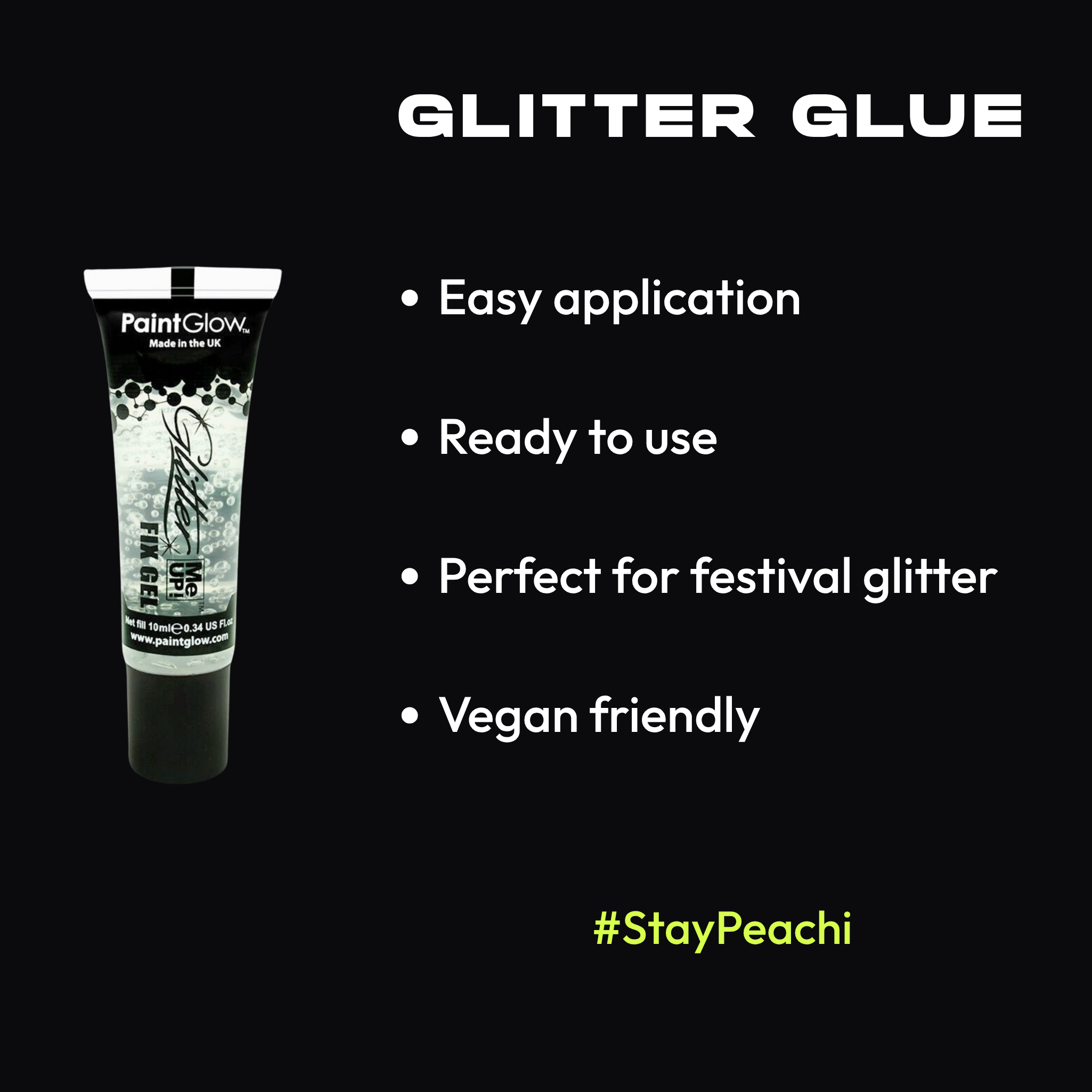 PaintGlow glitter glue tube with features on a black background