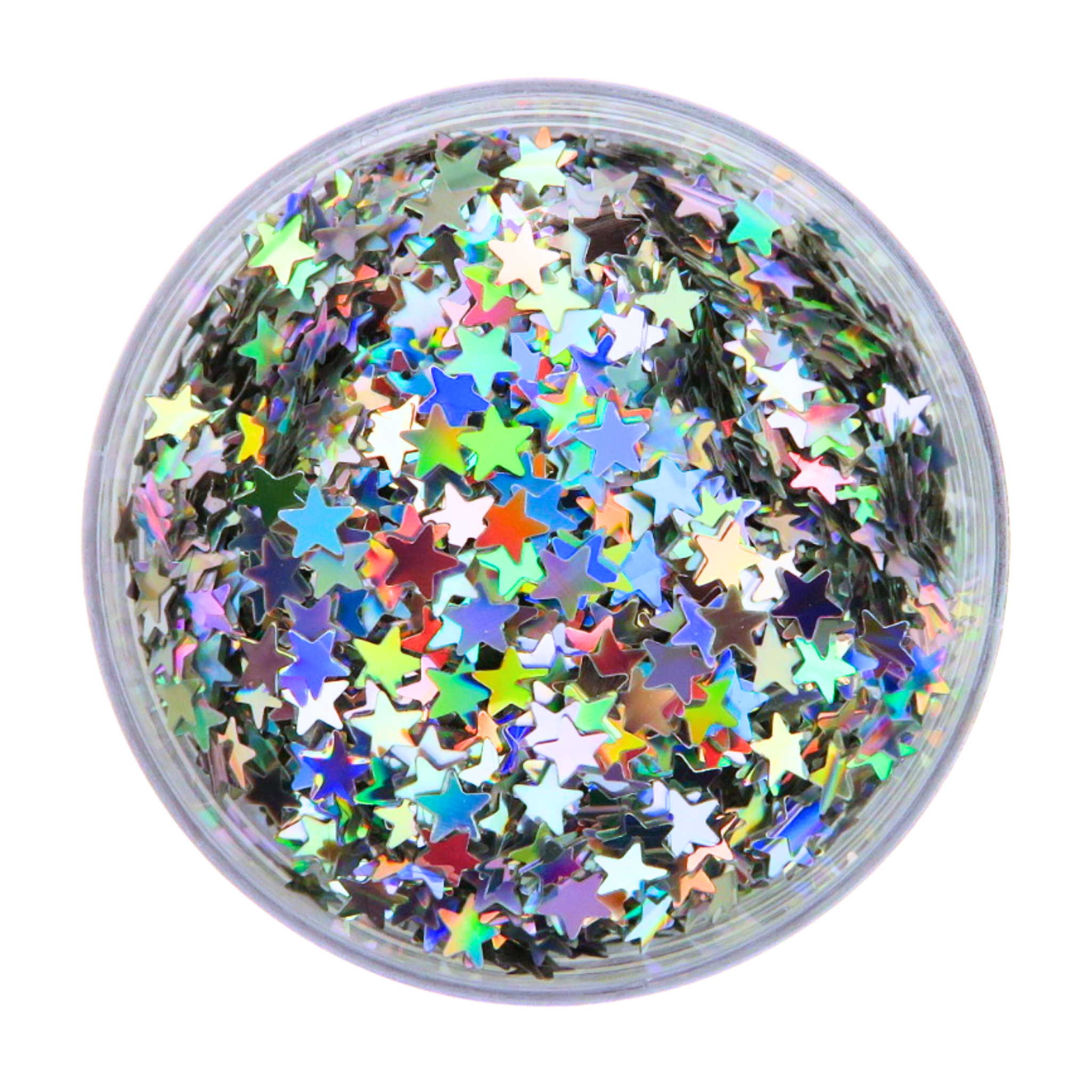 Holographic stars loose glitter in a round plastic pot on a white background.