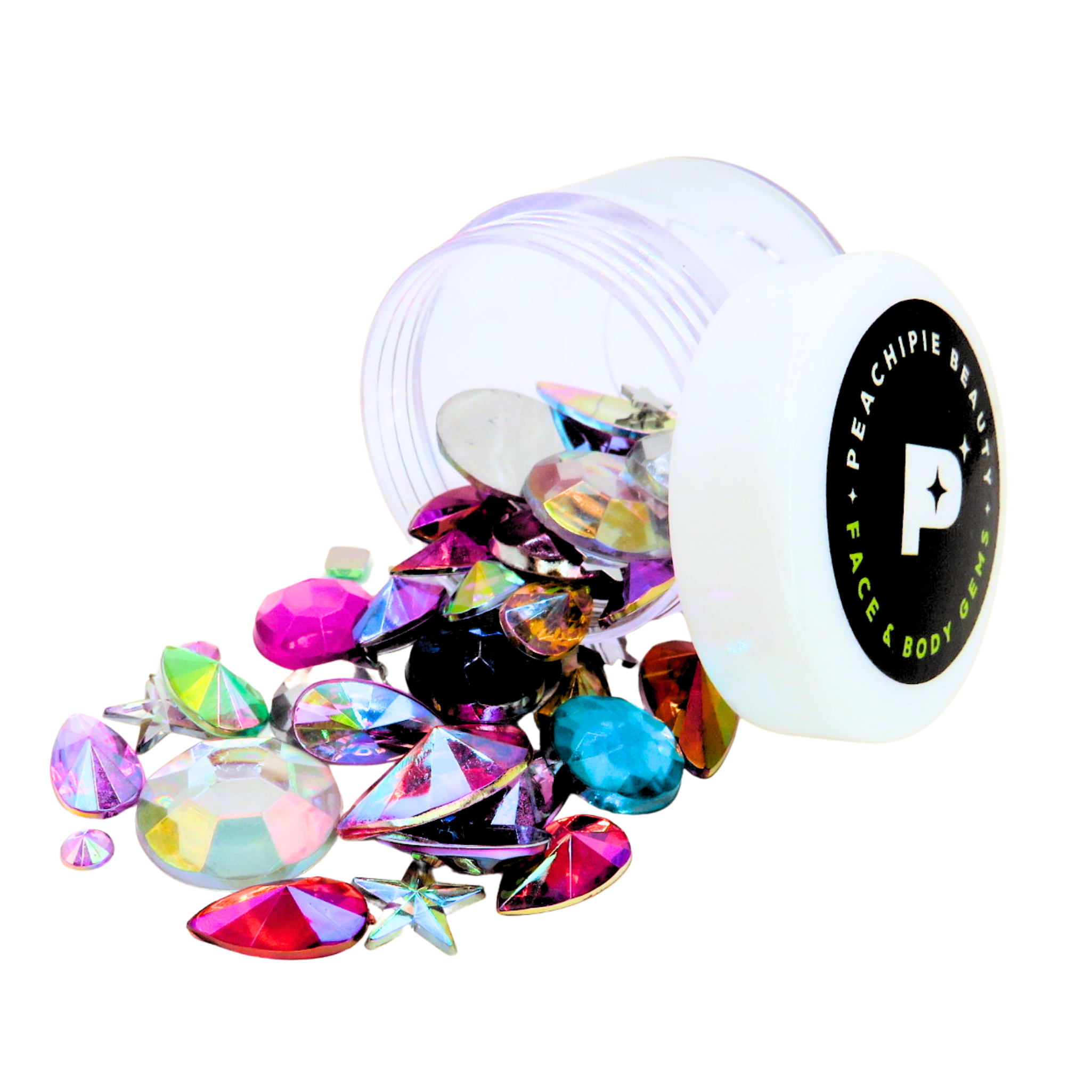 Multicoloured rhinestone face gems spilling from Peachipie Beauty container on white background