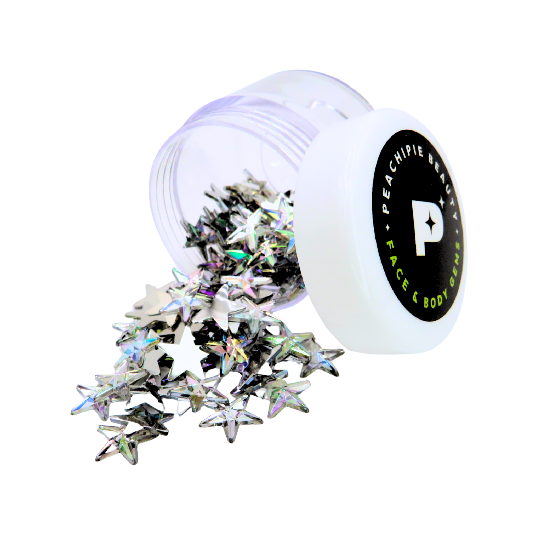 Star-shaped iridescent face gems in clear container with Peachipie Beauty branding on white background