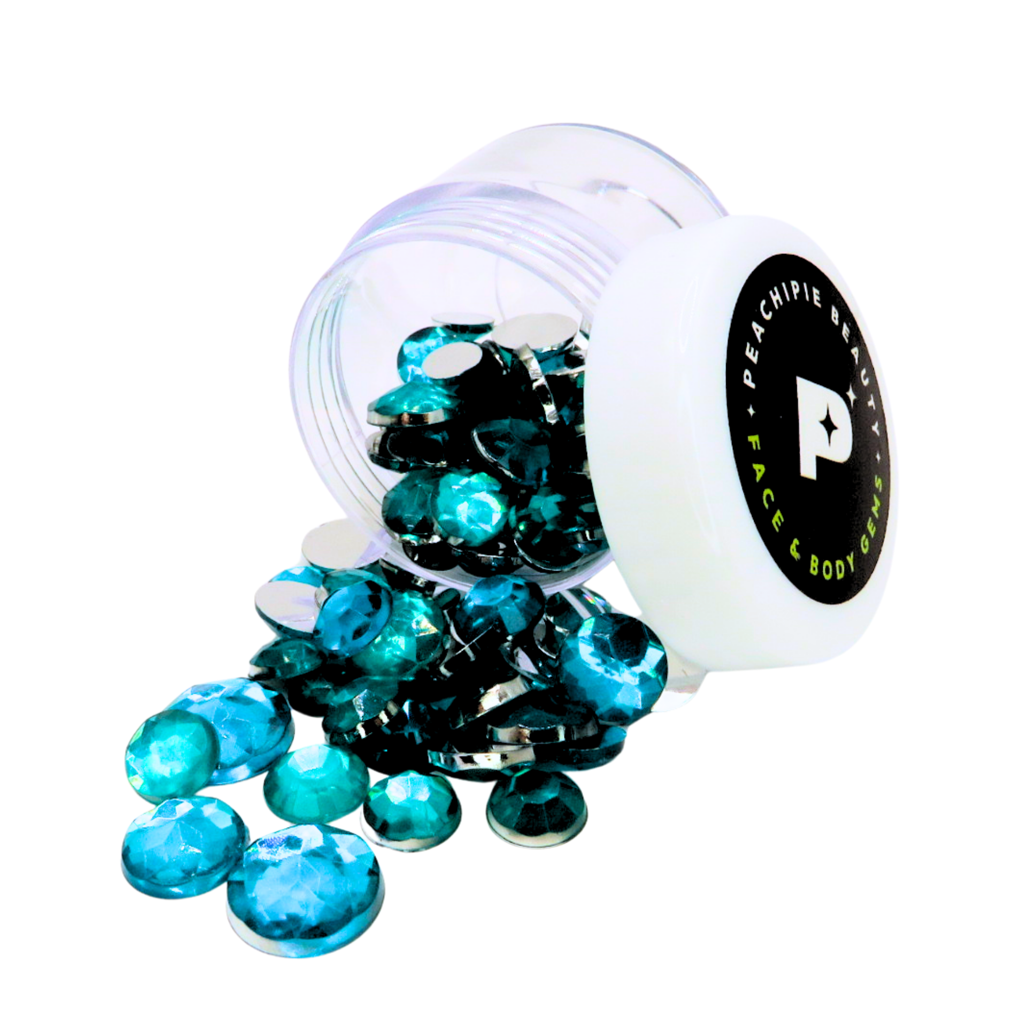 Clear pot filled with turquoise festival face and body gems