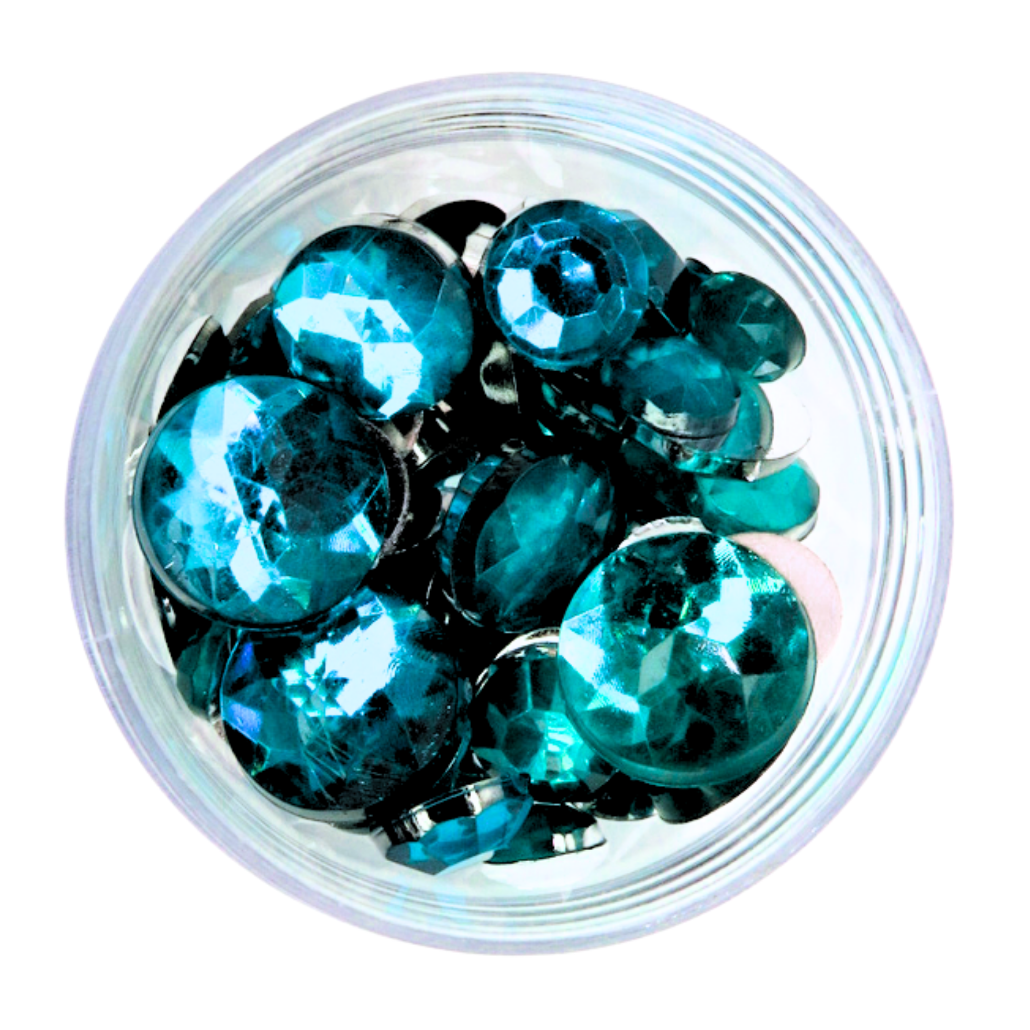 Teal turquoise face and body festival gems in clear container on white background