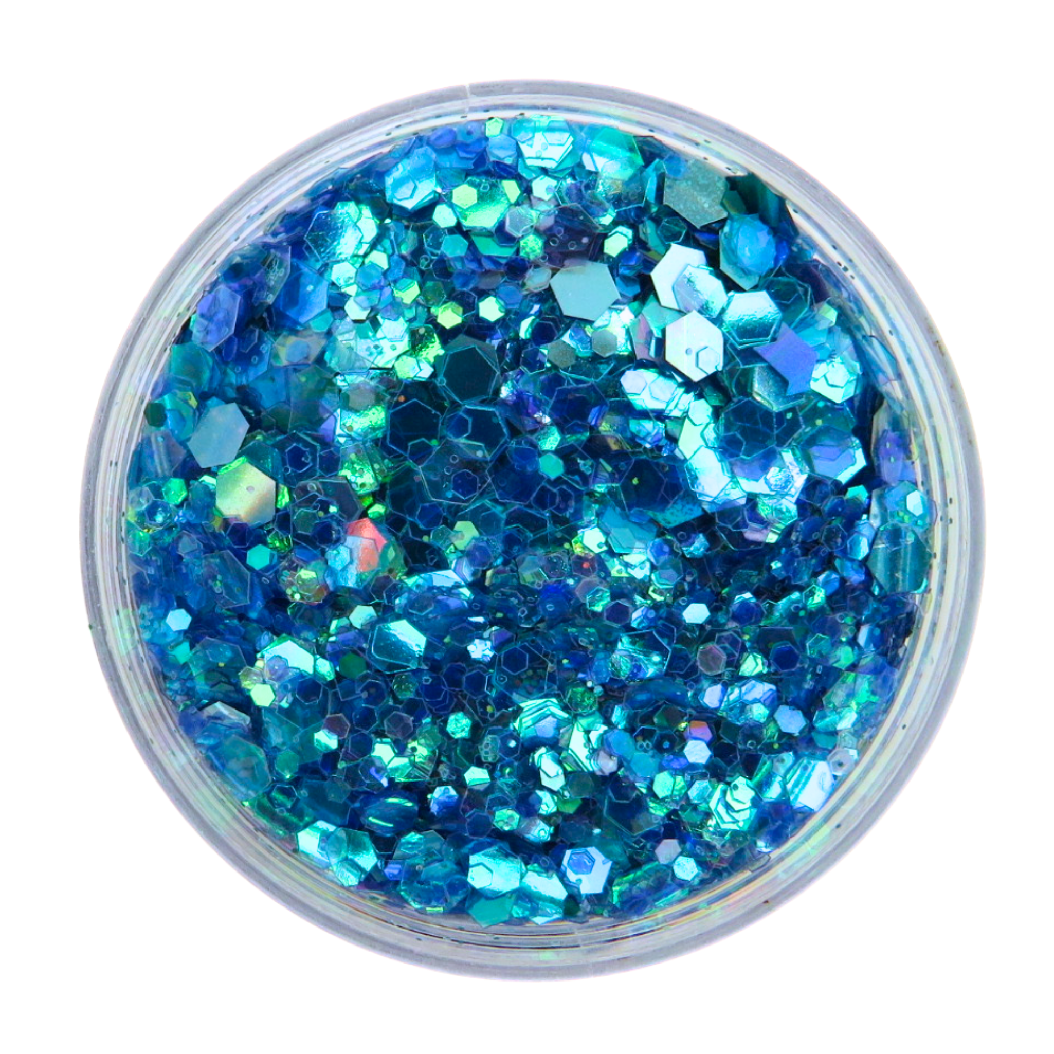 Blue glitter in a clear container on a white background