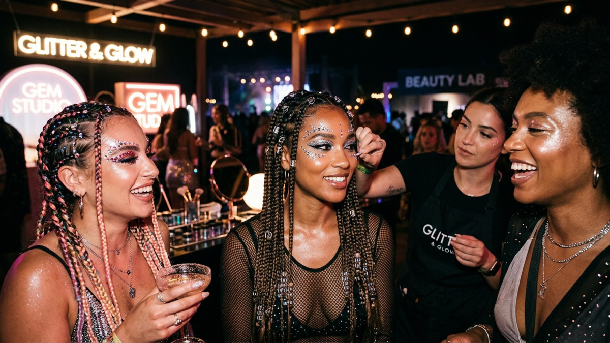 a woman applying face glitter and gems to another lady at an event