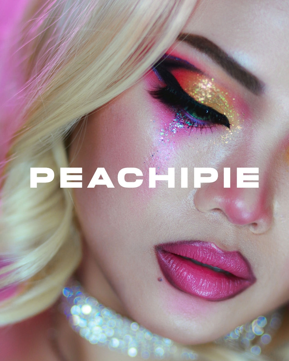 Close-up of a person with colorful makeup and 'PEACHIPIE' branding.