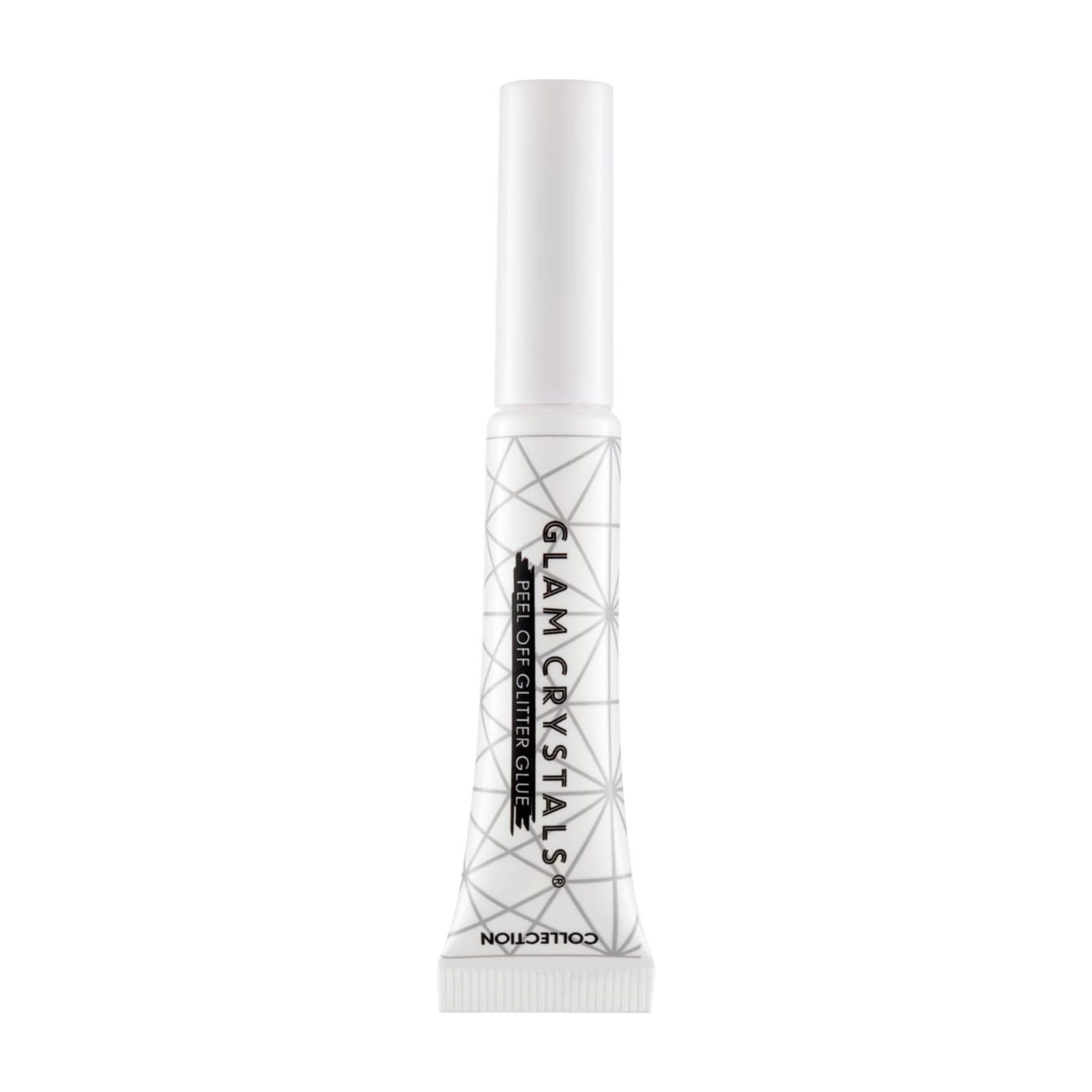 Peel-off glitter glue in white tube on neutral background