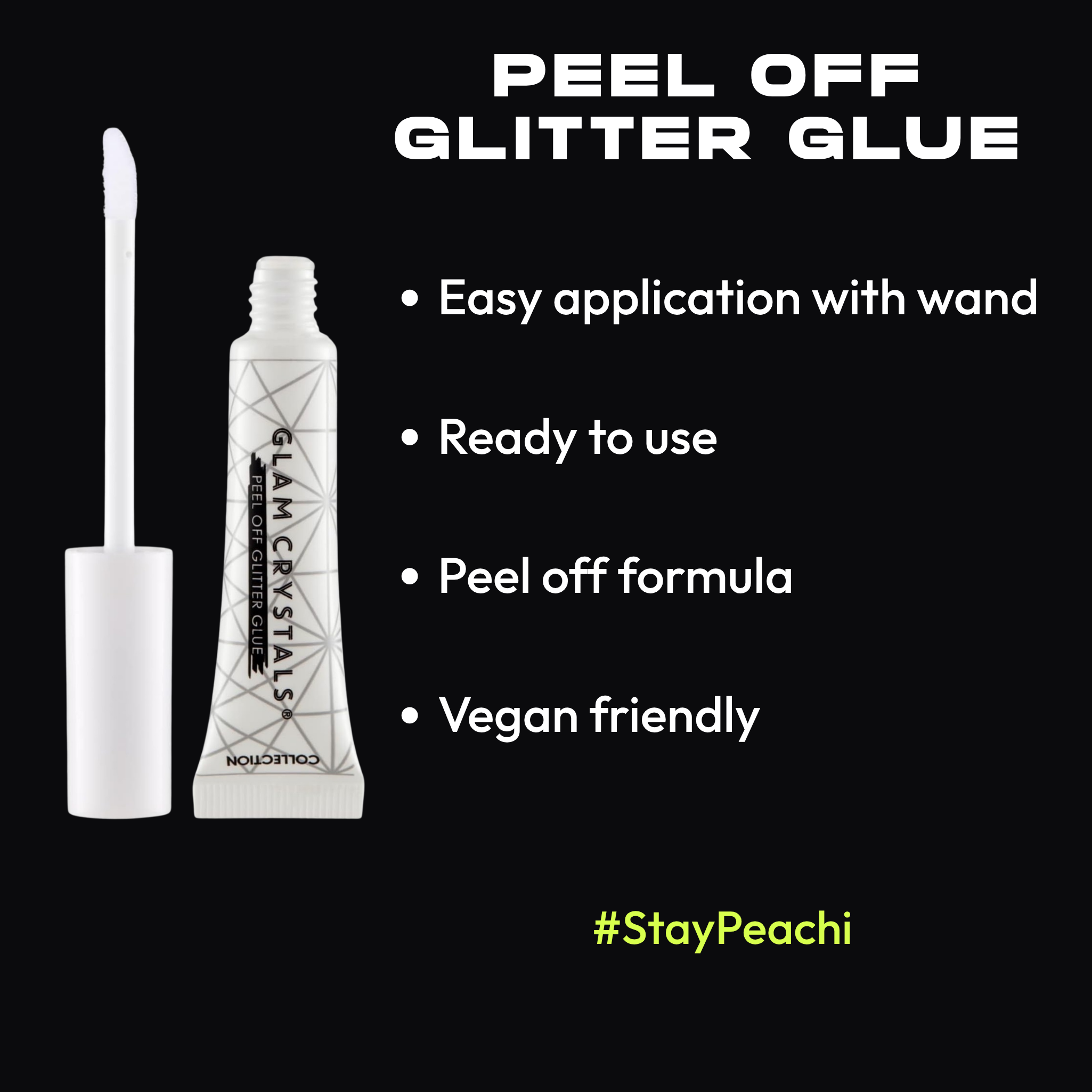 Glam Crystals peel off glitter glue with wand on a black background