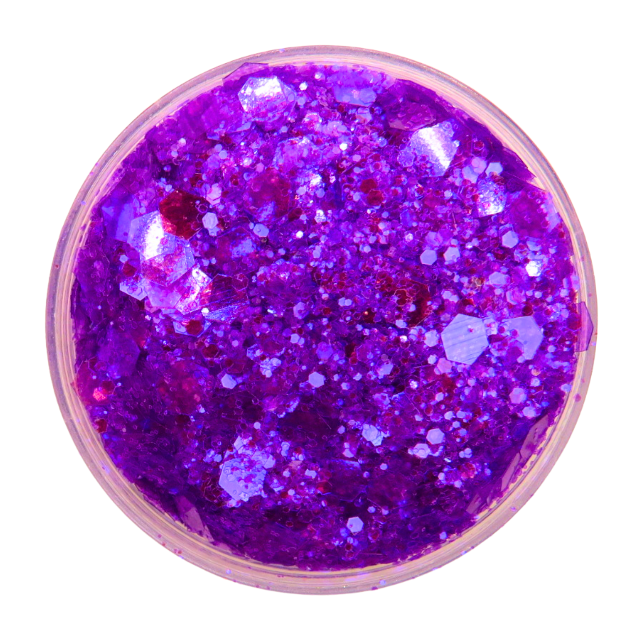 Purple glitter in a clear container on a white background