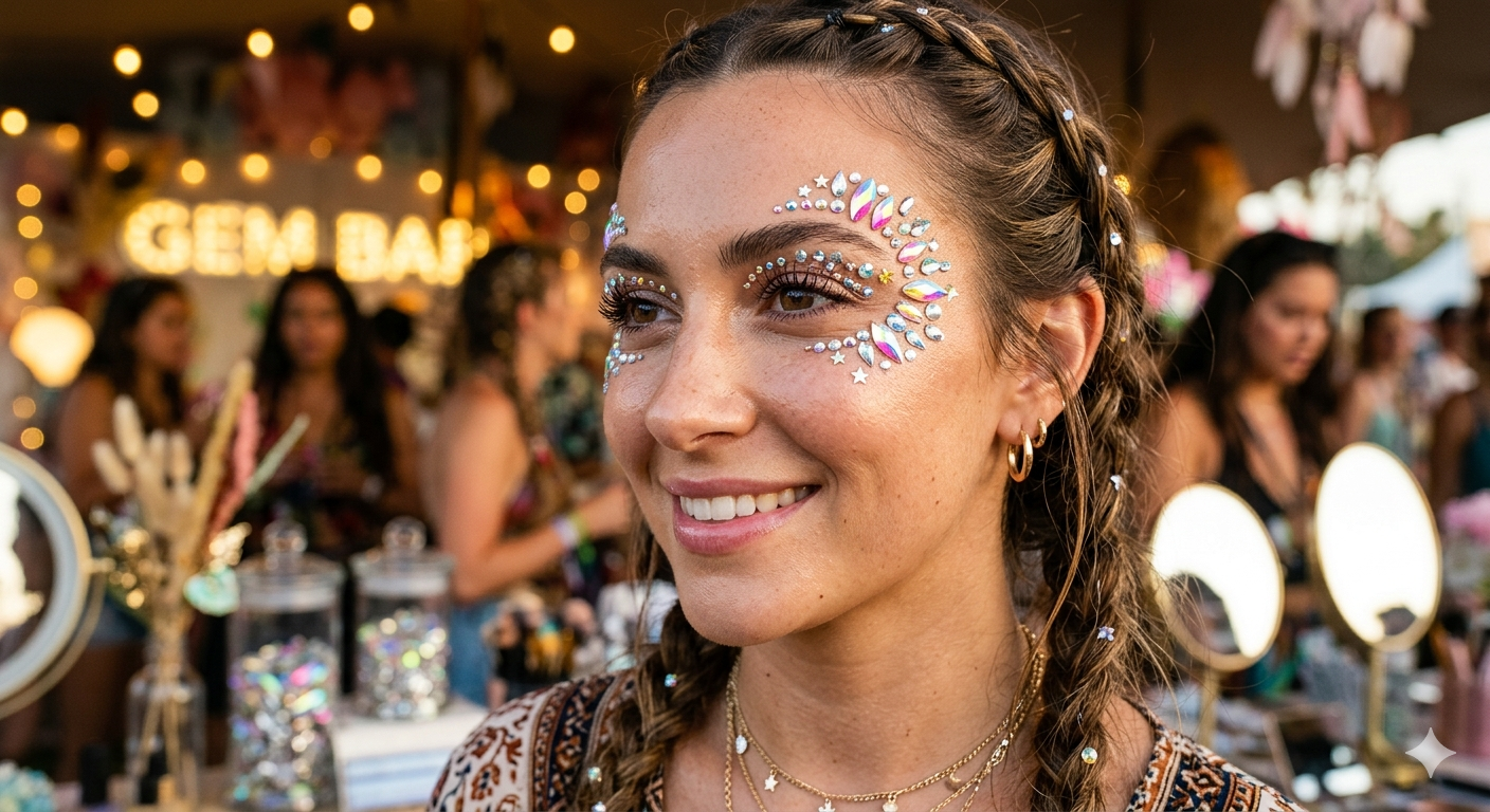 Woman with face gems at a festival